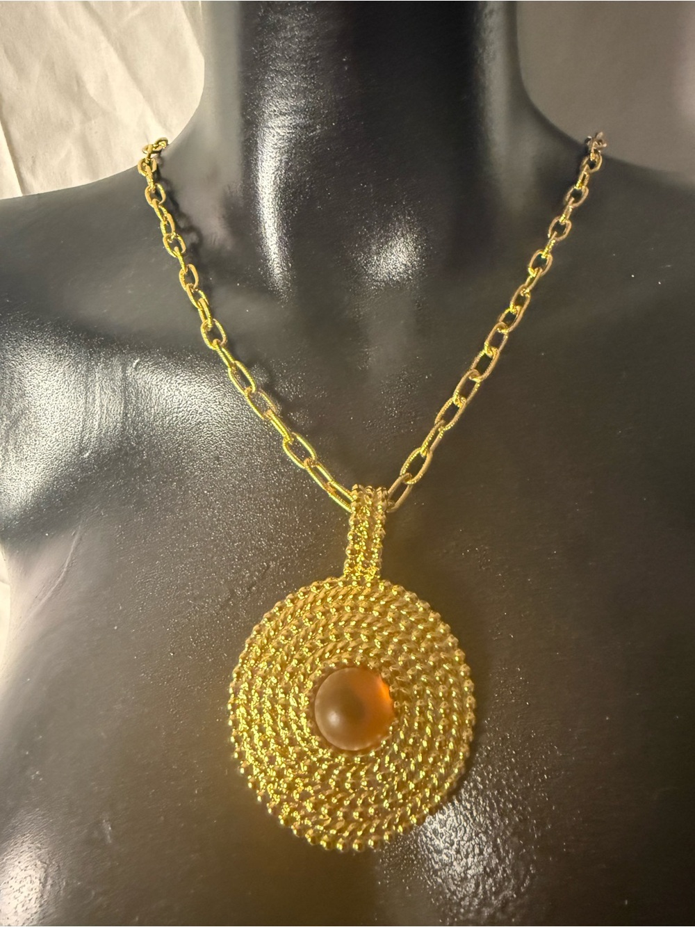 VTG Gold-Tone Spiral Disc Pendant Necklace with Amber Center Y2K Retro 30” drops